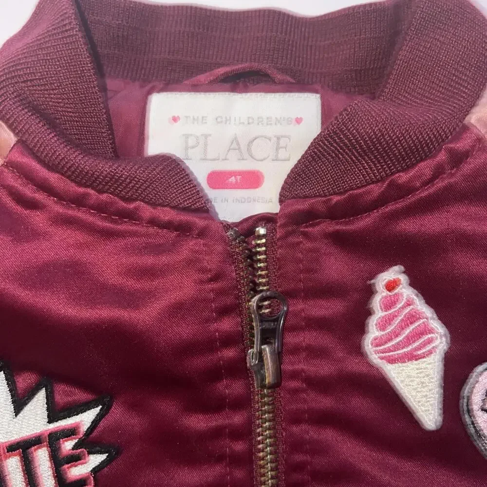 The Children’s Place Girls 4T Satin‎ Varsity Jacket With Patches Red And Pink